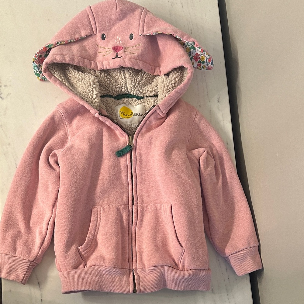 Mini Boden Pink Bunny Ear Sherpa Lined Hoodie size 3-4